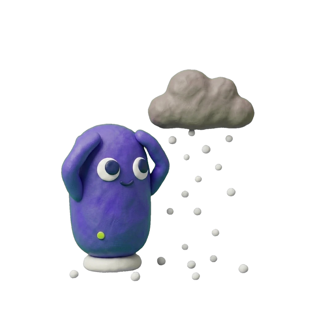 Knety hält die Hände über den Kopf, aus einer Wolke fällt Hagel
