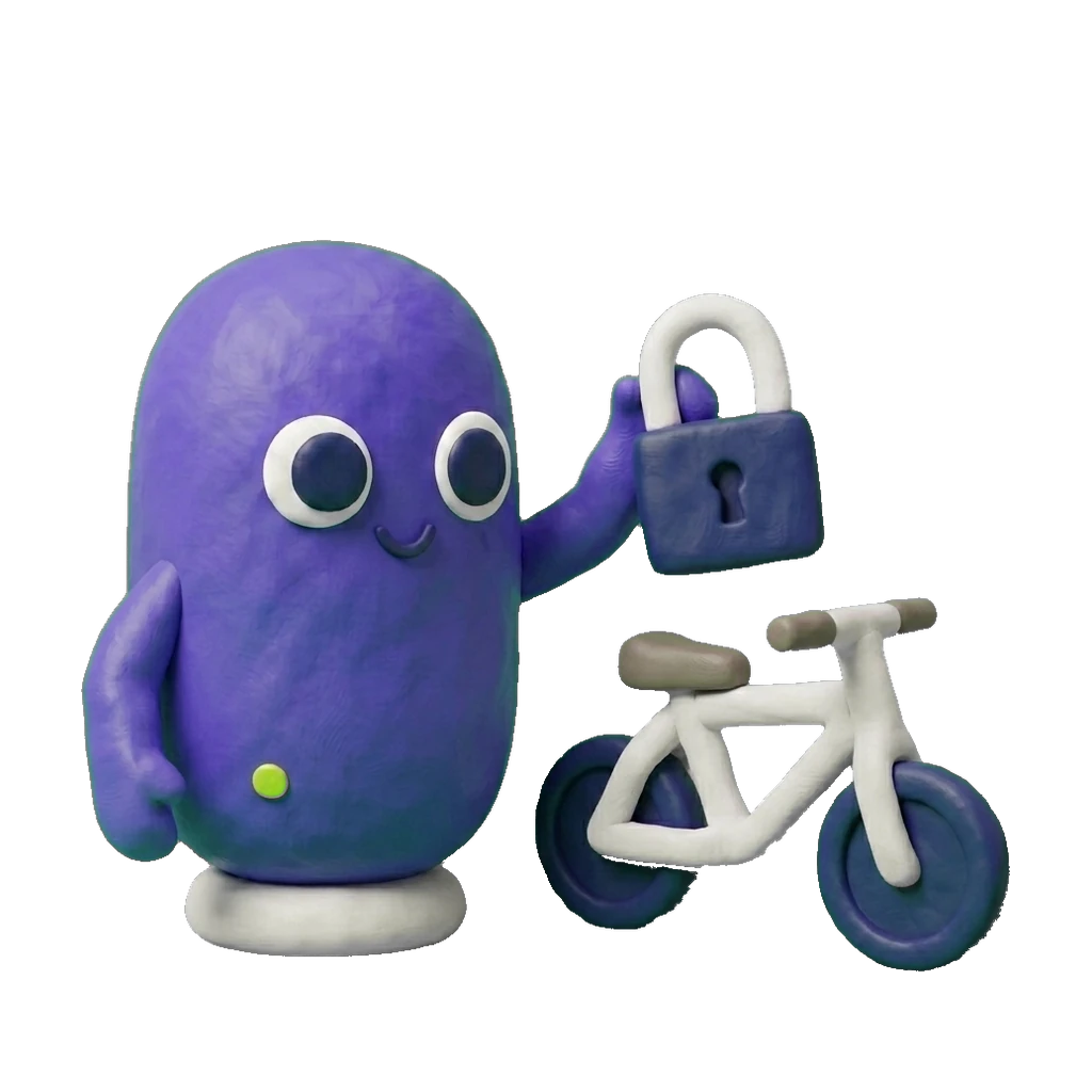 Knety hält ein Vorhängeschloss neben einem Velo