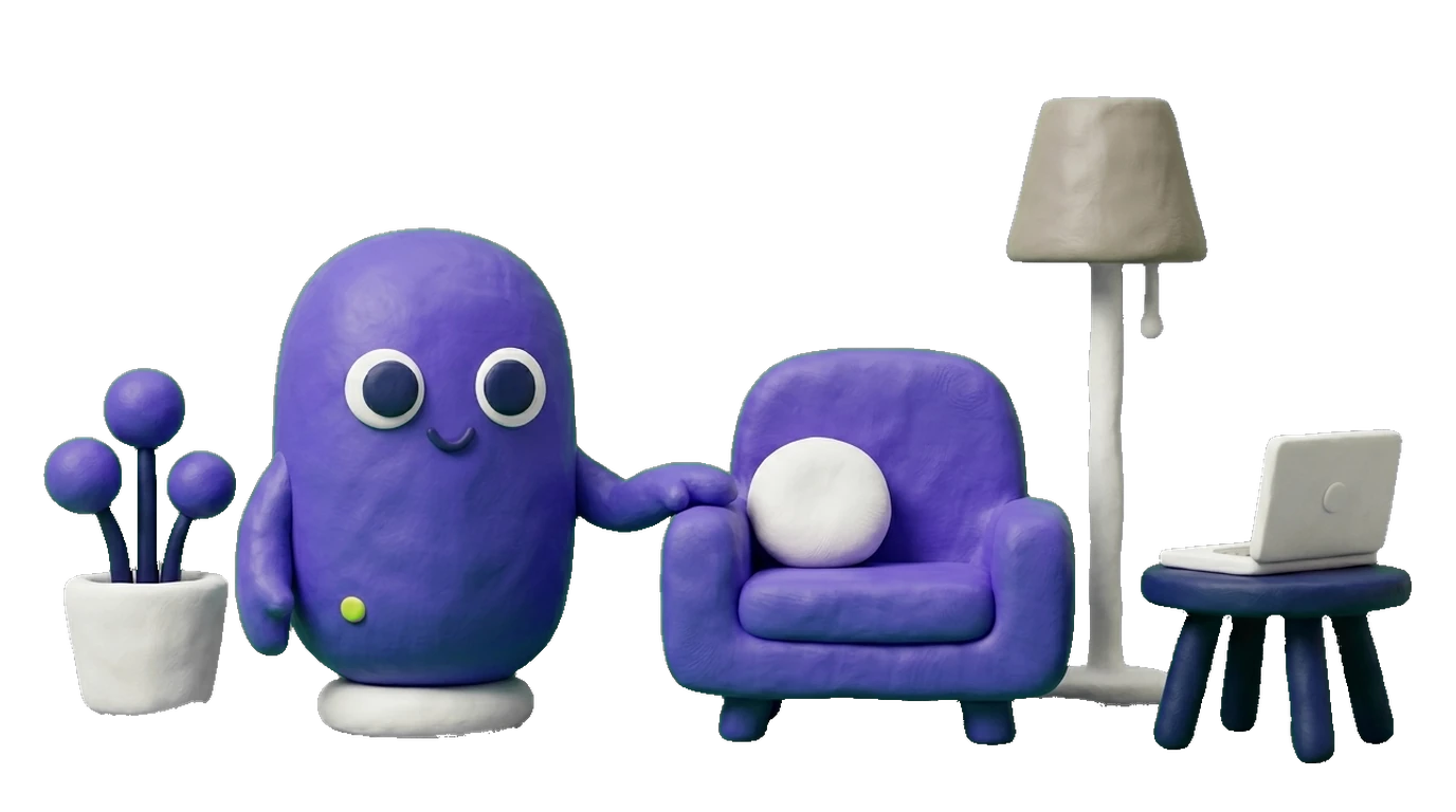 Knety mit einem violetten Sessel, einer Pflanze, einer Stehlampe und einem Laptop