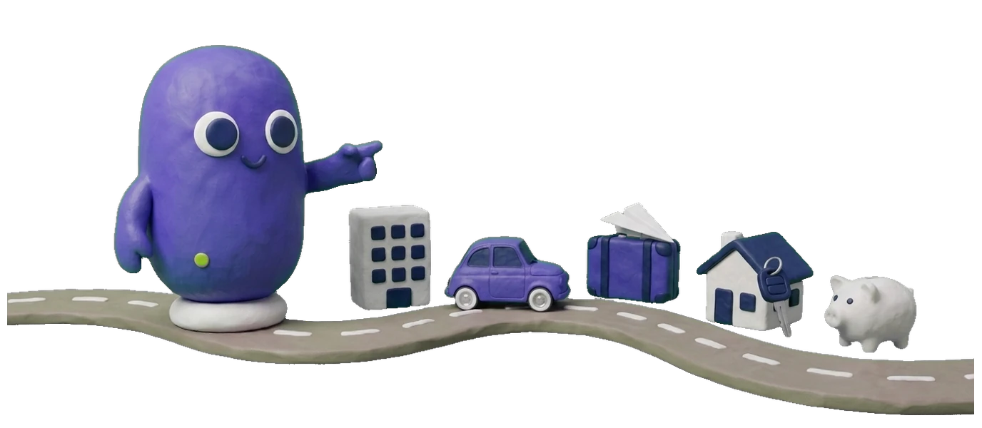 Knety zeigt auf einen Weg mit Wohnung, Auto, Koffer, Haus und Sparschwein